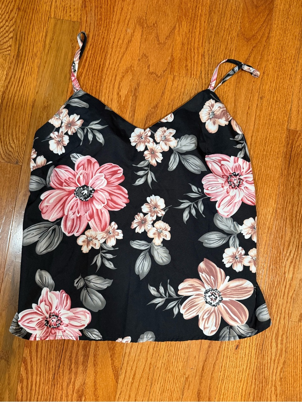 Source Unknown Black Tank Top with Pink Floral Print